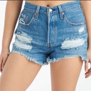 Levi’s 501 denim shorts light wash blue distressed high rise size 27